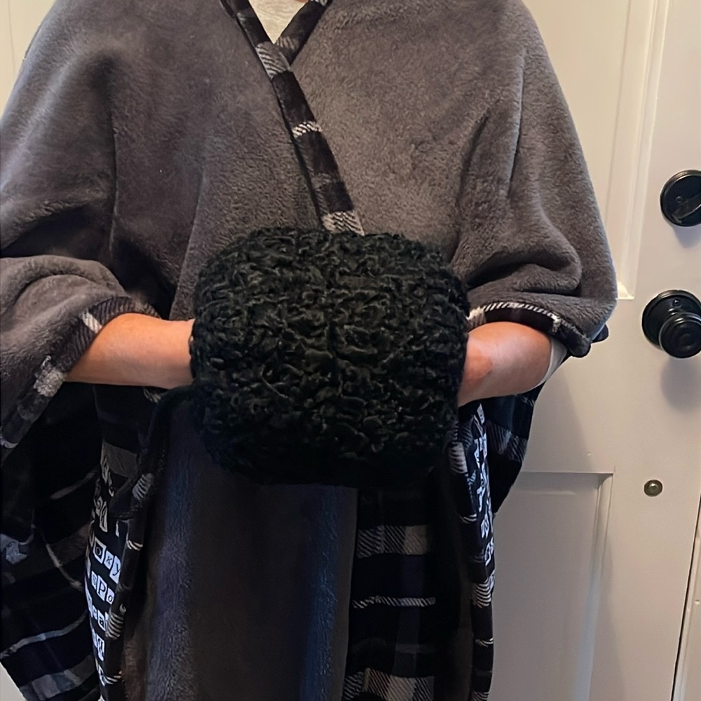 Vintage authentic black curly lambs fur hand muff